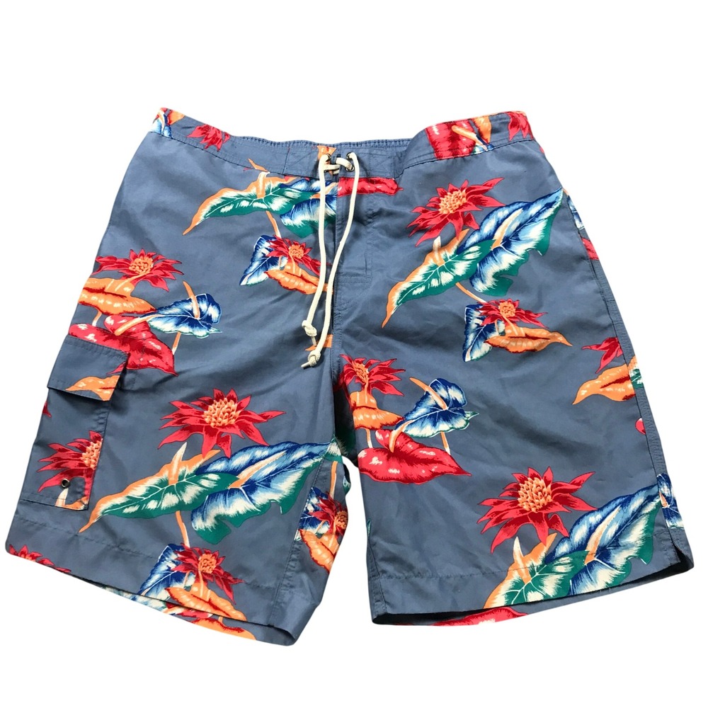 Chaps Men's Blue Tropical Floral Swim Trunks Cargo Pocket Sz Large 8.5in inseam